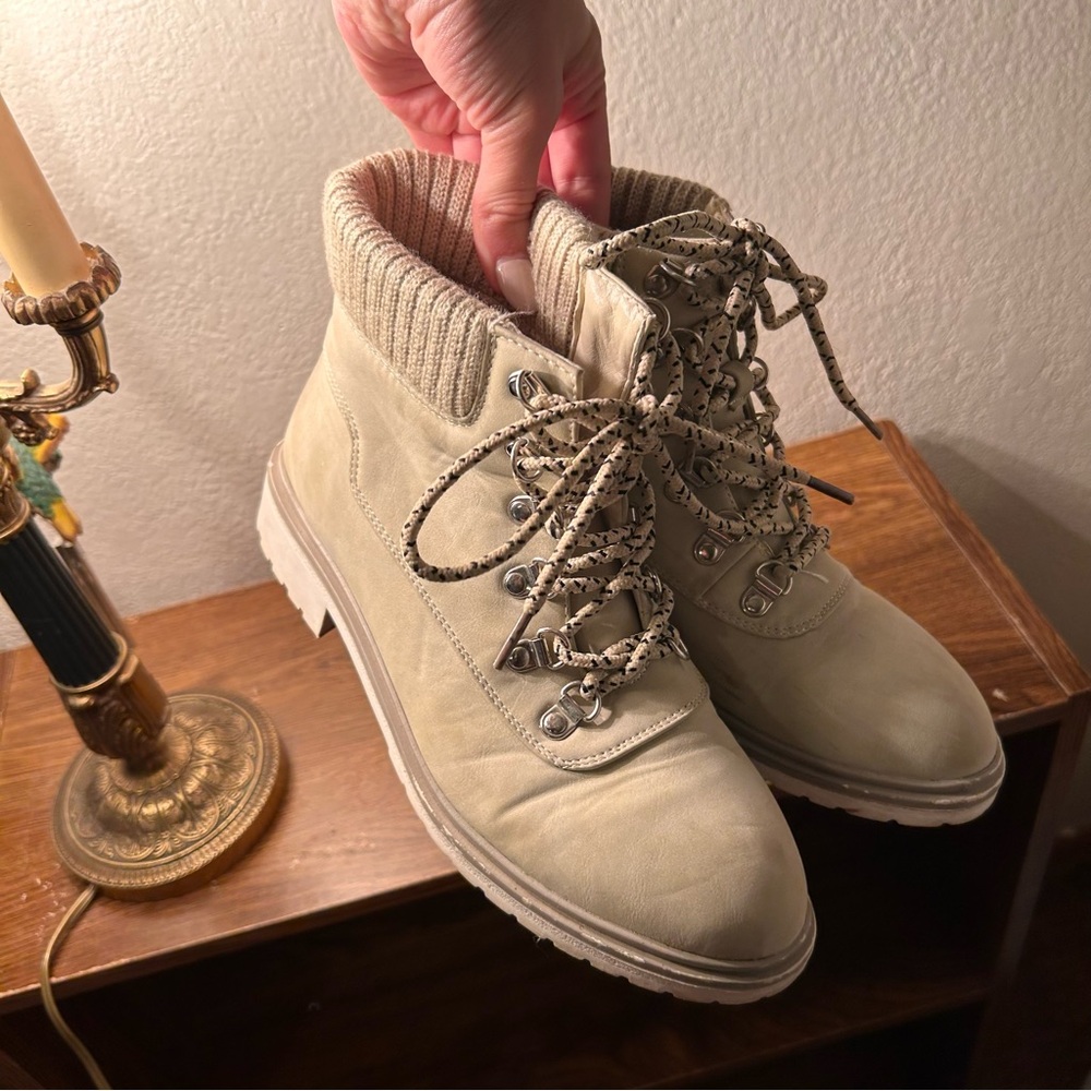 Cream Lace Up Ankle Boots